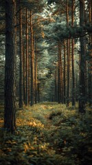 Naklejka premium Serene forest path, sunlight filters through pine trees, tranquil autumnal woods