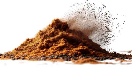 Exploding Coffee: A dramatic close-up showcases a pile of ground coffee as it explodes, sending up a cloud of fragrant particles, ideal for representing coffee, caffeine, or energy themes.