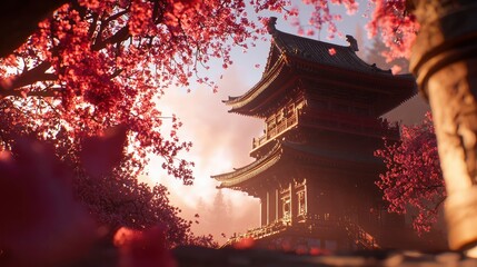 Asian temple in cherry blossom