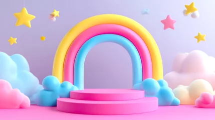 3D rendering of a cartoon rainbow podium background with clouds and stars for product presentation