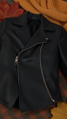 A black leather jacket with an intricate textured zipper is set against an autumnwinter backdrop featuring layered clothing and a shimmering metallic silver zipper