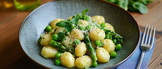Delicious Gnocchi with Asparagus and Fresh Peas in Gremolata Sauce for Gourmet Cooking