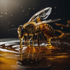 Naklejka premium Enjoy the rich texture of honey as it drips gently from a spoon into a bowl of fresh yogurt
