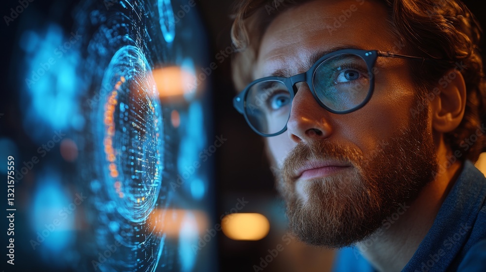 Fototapete A man with glasses intently studies a digital display showcasing advanced quantum computing concepts. The environment is tech-oriented, highlighting innovation.