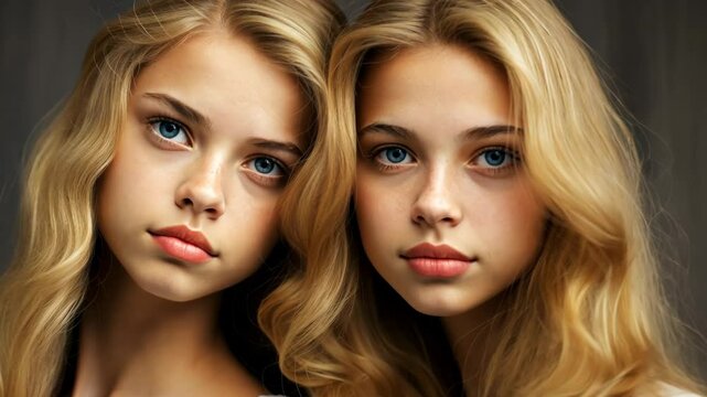 Adorable twin girls with long blonde hair