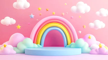 3D rendering of a cartoon rainbow podium background with clouds and stars for product presentation