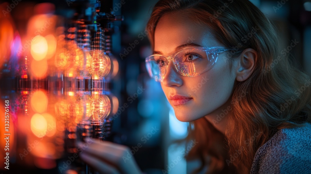Poster A researcher examines a complex setup of quantum equipment, focusing on energy states and behaviors of qubits in a low-light laboratory environment.