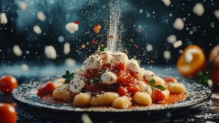 Delicious Gnocchi with Tomato Sauce, Mozzarella, and Fresh Herbs on a Plate