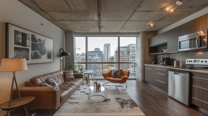 A modern apartment living area with a city view visible