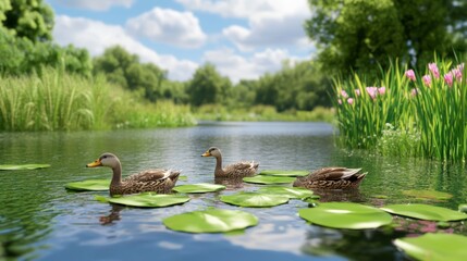Fototapeta premium Three Brown Ducks Swimming on a Calm Pond with Lush Greenery and Pink Flowers