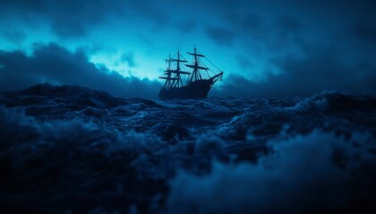 Obraz premium Dark ship in stormy sea