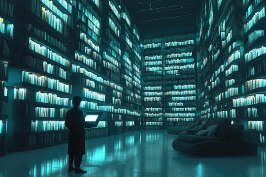 A futuristic library where drones fetch glowing digital books from endless shelves