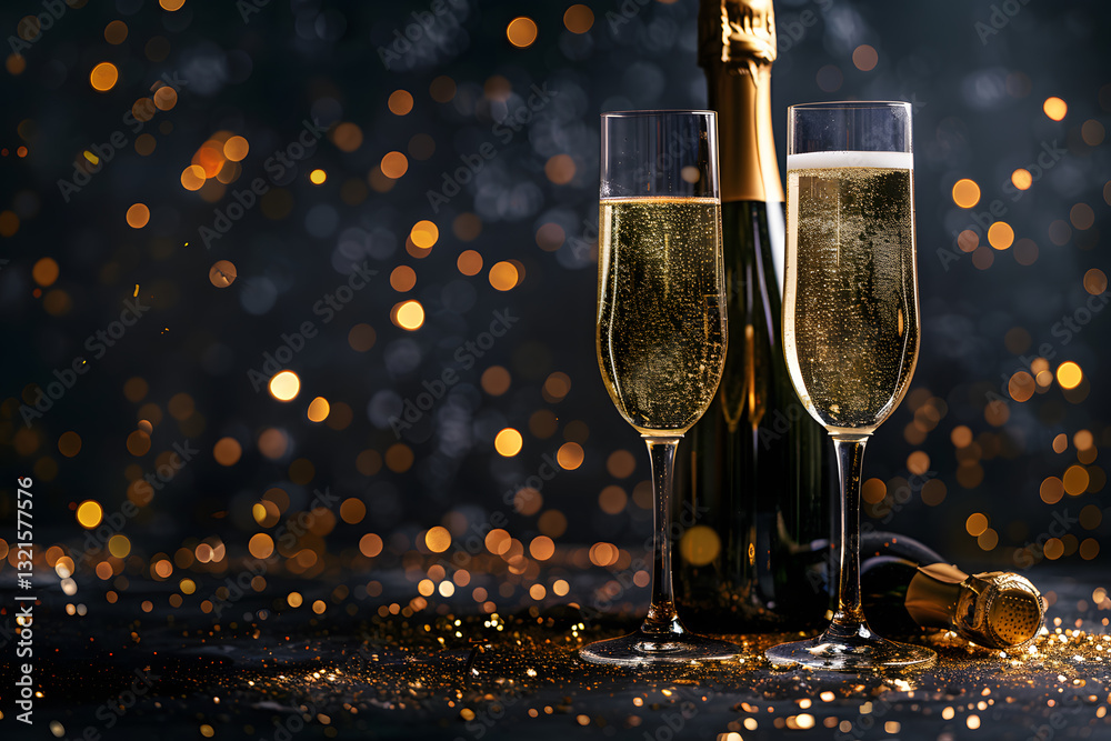 Poster celebratory champagne toast with golden bokeh background