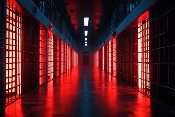 A red lit prison corridor with reflective floors and overhead lights