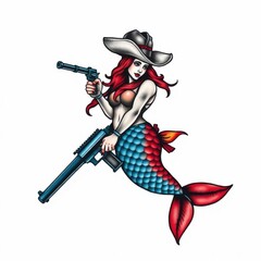 Obraz premium Cowgirl Mermaid with Guns: An imaginative illustration depicts a captivating mermaid adorned with a cowboy hat, a fiery red hair and holding guns, blending the realms of fantasy and the Wild West. 