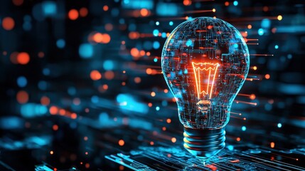 A glowing light bulb is surrounded by a colorful, abstract background