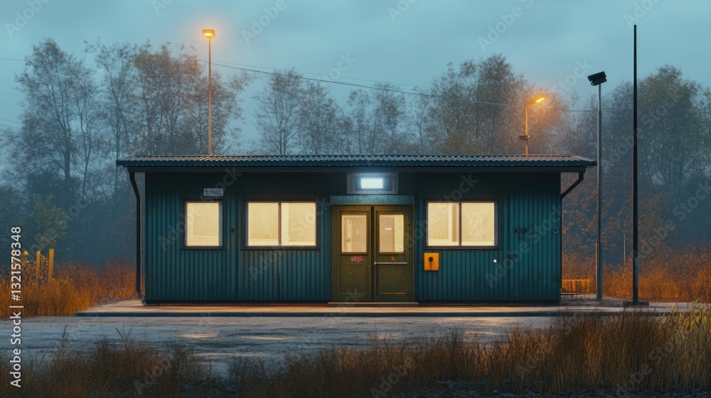 Poster a train station with a unique green building and illuminated exterior, suitable for travel or transp