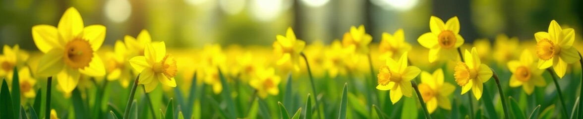 Obraz premium Springtime flower field with bright yellow daffodils, wildflowers, landscape