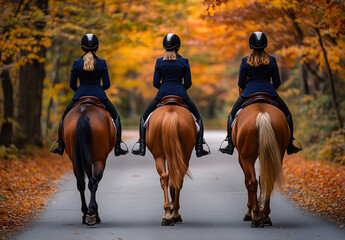 Three equestrian riders dressed in navy blue jackets riding horses through a scenic autumn forest pathway, elegant horseback riding scene