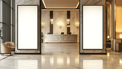 Two blank digital billboard mockups in a luxury hotel lobby entrance, perfect for commercial branding and interior advertising