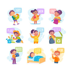 Verbs Study with Little Kid Demonstrating Different Activity Vocabulary Vector Set