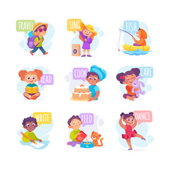 Verbs Study with Little Kid Demonstrating Different Activity Vocabulary Vector Set