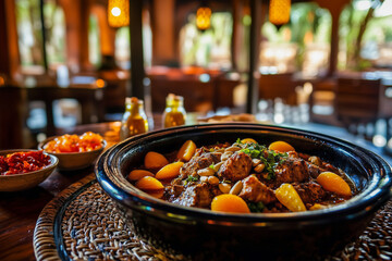 Fototapeta premium Traditional Moroccan meat dish in a ceramic plate in a Arabian style restaurant.