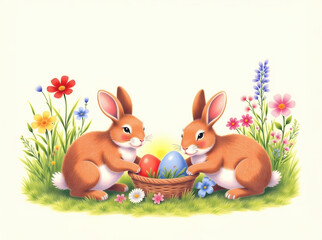 Happy Easter classic bright vivid color vintage illustration. Rabbits, eggs, spring garden flowers. Generative ai.