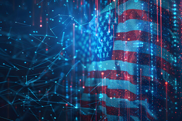 Digital american flag with network lines on blue background