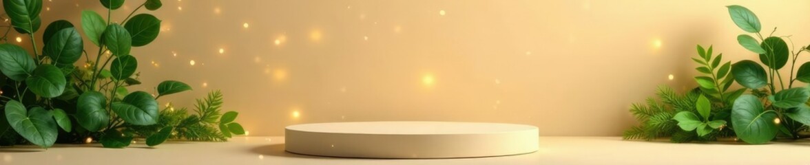 Twinkling lights and lush greenery adorn this simple yet elegant beige-painted podium, wooden, beige, simple