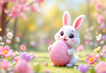 Cute bunny holding a giant Easter egg, kawaii expression with sparkly eyes, pastel spring woodland blur background, 3D render generative ai