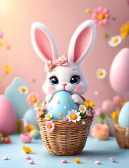 A white rabbit holding a big oval egg in a basket with flower decoration background. Happy Easter. 3D render Generative ai.