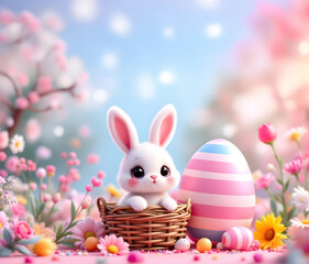 Cute rabbit in basket with giant Easter egg and spring floral decoration, kawaii expression with sparkly eyes, candy-colored background, 3D render generative ai.