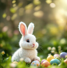 A cute white rabbit playing in outdoor with easter egg decoration, flowers, grass, bokeh background. Generative ai.