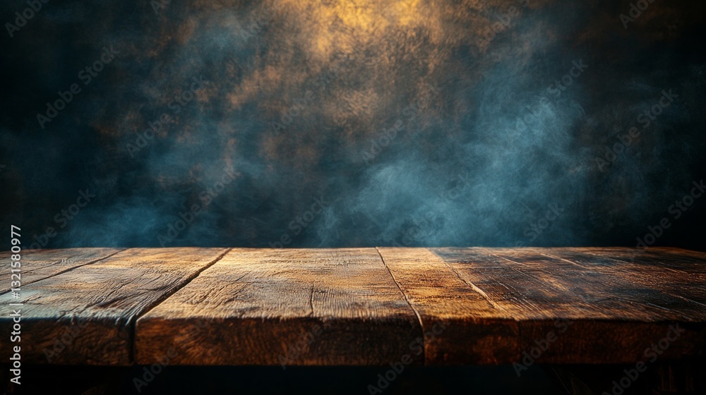 Poster warm illumination highlights a rustic wooden table, creating an inviting atmosphere. swirling smoke 