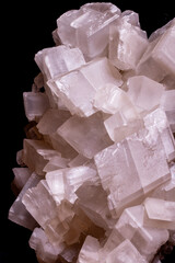 White calcite gemstone cluster, raw mineral specimen, sparkling crystal rock macro image.