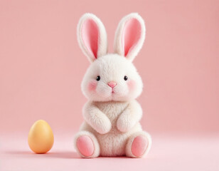 Cute kawaii baby rabbit fluffy doll and a golden egg on pink background. Happy Easter bunny decoration. Generative ai.