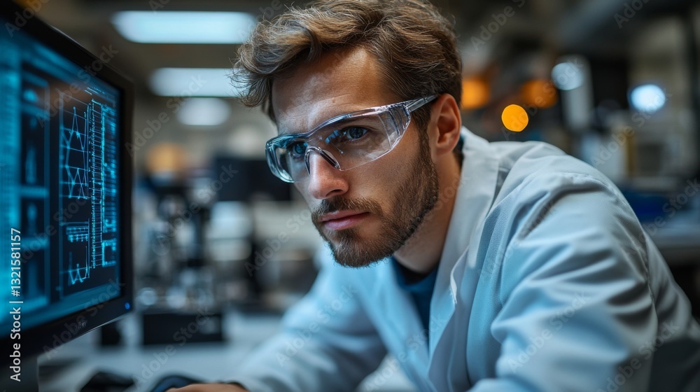 Poster A researcher focused on analyzing quantum mechanics data in a modern laboratory. The setting features advanced simulations showing complex quantum phenomena like entanglement and decoherence.