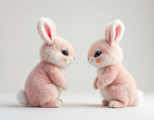 Two cute pink rabbit toys face to face at each other. Generative ai