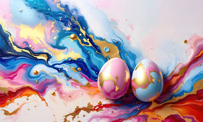 Abstract Guess gender concept, melting eggs in fluid acrylic style, swirling colors representing rebirth, gold foil accents, textured canvas background. Generative ai.