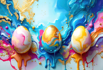 Abstract Trendy Happy Easter concept, eggs in fluid liquid art swirling painting style background. Generative ai.