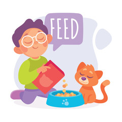 Boy Feed Cat as Verb Study with Little Kid Demonstrating Activity Vocabulary Vector Illustration