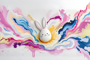 Easter Bunny egg decoration with vibrant splash fluid liquid swirling, gold foil, texture background. Generative ai