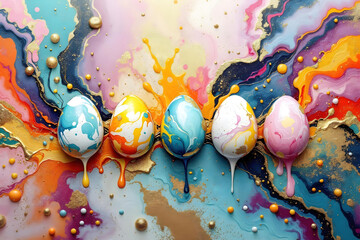 Abstract Happy Easter art. Melting eggs in fluid acrylic swirling colorful representing lively, gold foil accents decoration background. Generative ai