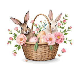 Cute Easter Bunnies in Basket on white background. Happy Easter Theme watercolor illustration. Generative ai.