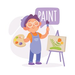 Boy Paint Picture as Verb Study with Little Kid Demonstrating Activity Vocabulary Vector Illustration