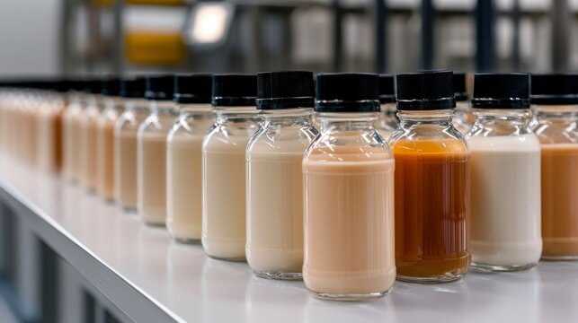 Bottles of various liquids, row on shelf