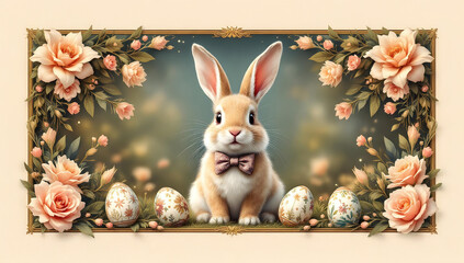 Vintage Easter postcard design, intricate floral borders, cheerful cute rabbit wearing bow ties, hand-painted eggs with Victorian patterns, retro texture. Generative ai.
