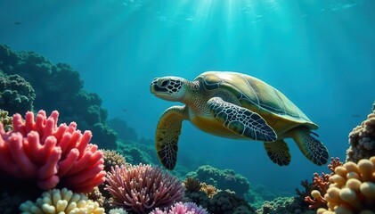 Fototapeta premium Green sea turtle gracefully glides through vibrant coral reef, green turtle, wildlife conservation, turtle