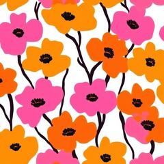 Pink and orange floral pattern, seamless design, white background, textile print